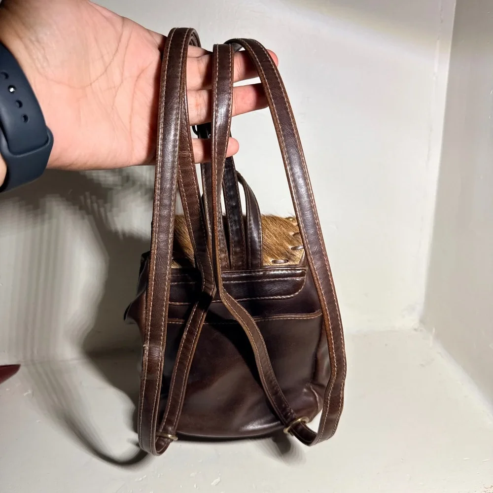 Mini Backpack Western Cowhide Fur Studded Leather Brown Small